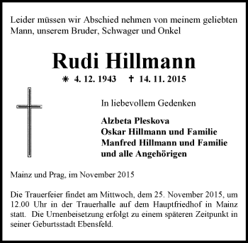 Traueranzeige von Rudi Hillmann von  Mainspitze