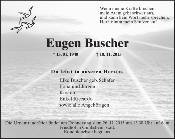 Traueranzeige von Eugen Buscher von  Wormser Zeitung