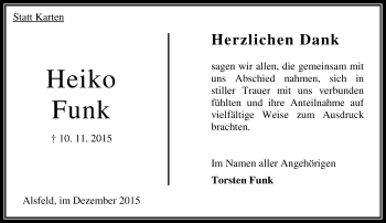 Traueranzeige von Heiko Funk von  OK Oberhessen Kurier