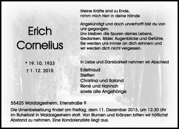 Traueranzeige von Erich Cornelius von  Allgemeine  Zeitung Ingelheim-Bingen