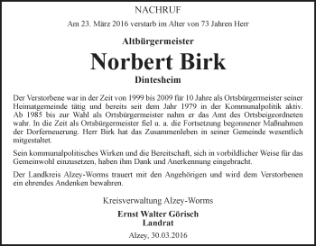 Traueranzeige von Norbert Birk von  Allgemeine Zeitung Alzey