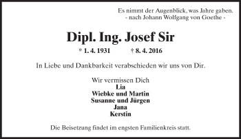 Traueranzeige von Josef Sir von  Hofheimer Zeitung