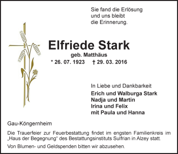 Traueranzeige von Elfriede Stark von  Allgemeine Zeitung Alzey
