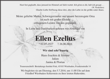 Traueranzeige von Ellen Ezelius von Trauerportal Rhein Main Presse