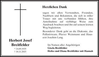 Traueranzeige von Herbert Josef Breitfelder von  OK Oberhessen Kurier