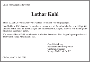 Traueranzeige von Lothar Kuhl von  Gießener Anzeiger