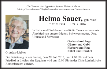 Traueranzeige von Helma Sauer von  Gelnhäuser Tageblatt