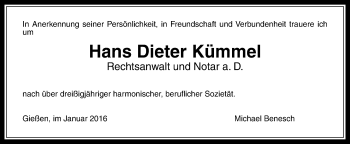 Traueranzeige von Hans Dieter Kümmel von  Gießener Anzeiger