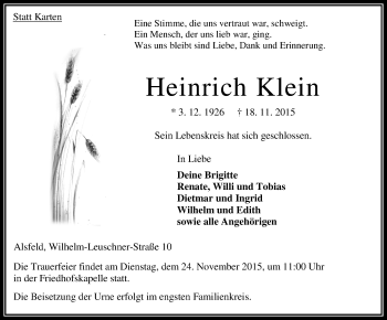 Traueranzeige von Heinrich Klein von VRM Trauer
