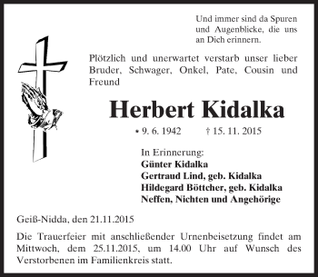 Traueranzeige von Herbert Kidalka von  Kreisanzeiger