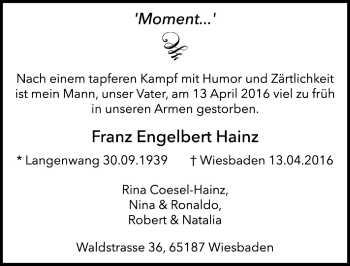 Traueranzeige von Franz Engelbert Hainz von  Wiesbaden komplett