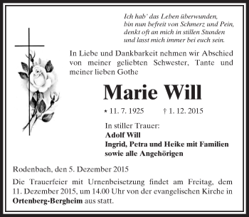 Traueranzeige von Marie Will von  Kreisanzeiger
