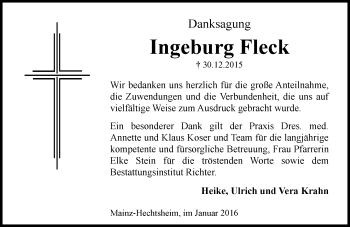 Traueranzeige von Ingeburg Fleck von  Allgemeine Zeitung Mainz