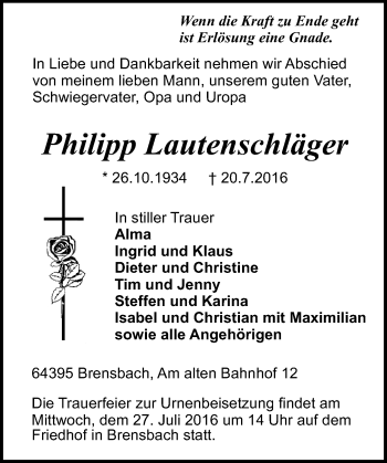 Traueranzeige von Philipp Lautenschläger von Trauerportal Echo Online
