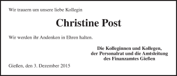 Traueranzeige von Christine Post von  Gießener Anzeiger