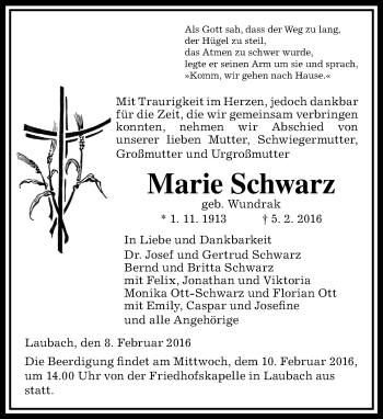 Traueranzeige von Marie Schwarz von  Gießener Anzeiger