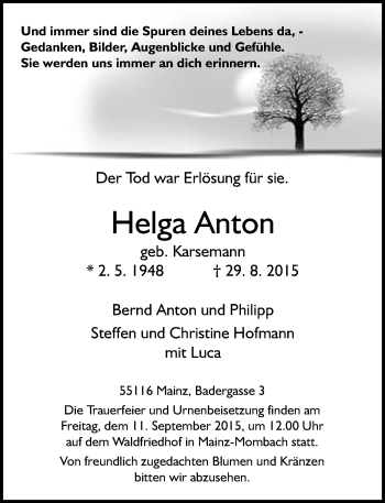 Traueranzeige von Helga Anton von  Mainz