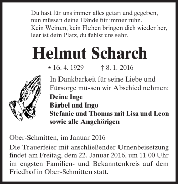 Traueranzeige von Helmut Scharch von  Kreisanzeiger