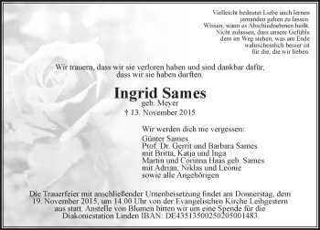 Traueranzeige von Ingrid Sames von  Gießener Anzeiger