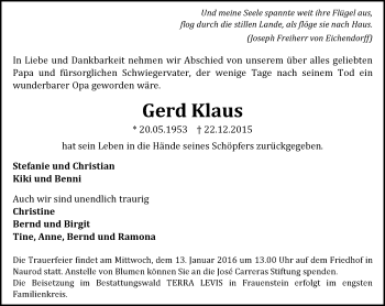 Traueranzeige von Gerd Klaus von  Wiesbaden komplett