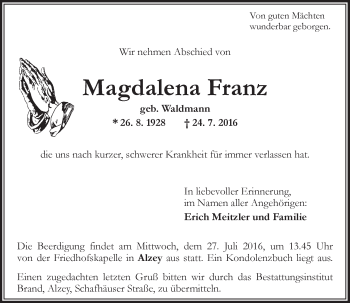 Traueranzeige von Magdalena Franz von Trauerportal Rhein Main Presse