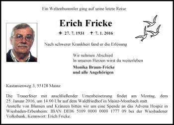 Traueranzeige von Erich Fricke von  Allgemeine  Zeitung Ingelheim-Bingen