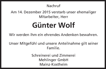 Traueranzeige von Günter Wolf von trauer.rmp.de