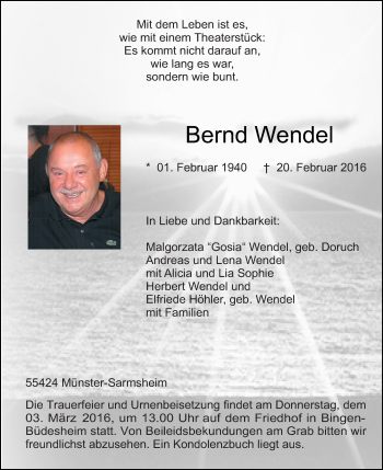 Traueranzeige von Bernd Wendel von  Allgemeine  Zeitung Ingelheim-Bingen