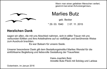 Traueranzeige von Marlies Butz von  Allgemeine  Zeitung Ingelheim-Bingen