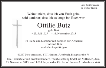 Traueranzeige von Ottilie Butz von  Usinger Anzeiger
