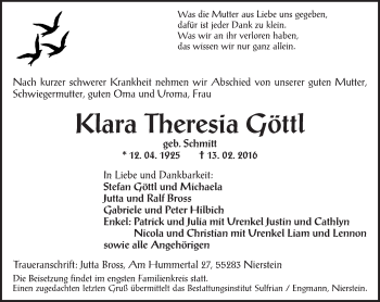 Traueranzeige von Klara Theresia Göttl von  Landskrone