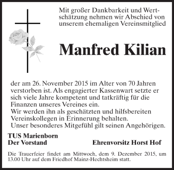 Traueranzeige von Manfred Kilian von  Allgemeine Zeitung Mainz