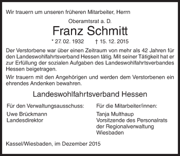 Traueranzeige von Franz Schmitt von  Wiesbaden komplett