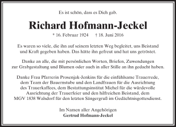 Traueranzeige von Richard Hofmann-Jeckel von  Camberger Anzeiger