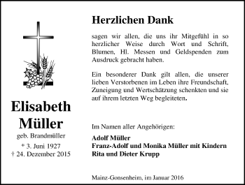 Traueranzeige von Elisabeth Müller von  Allgemeine Zeitung Mainz