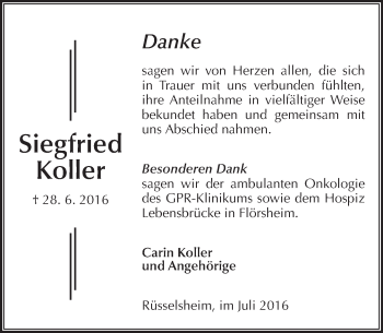 Traueranzeige von Siegfried Koller von Trauerportal Rhein Main Presse