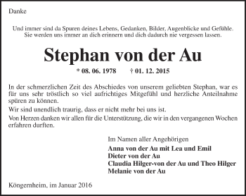 Traueranzeige von Stephan von der Au von  Allgemeine Zeitung Mainz