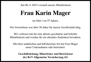 Traueranzeige von Karin Mager von  Wiesbaden komplett