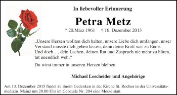 Traueranzeige von Petra Metz von  Allgemeine Zeitung Mainz