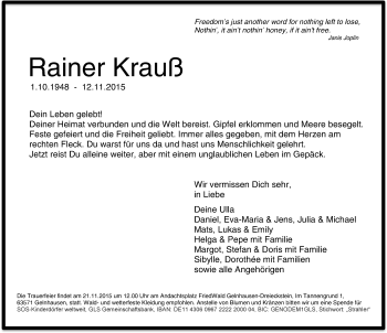 Traueranzeige von Rainer Krauß von  GT Extra