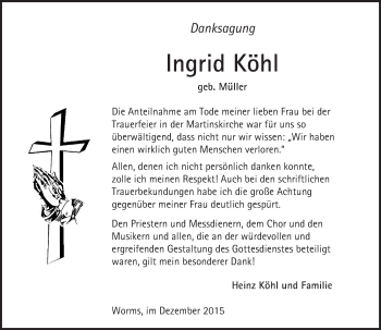 Traueranzeige von Ingrid Köhl von  Wormser Zeitung