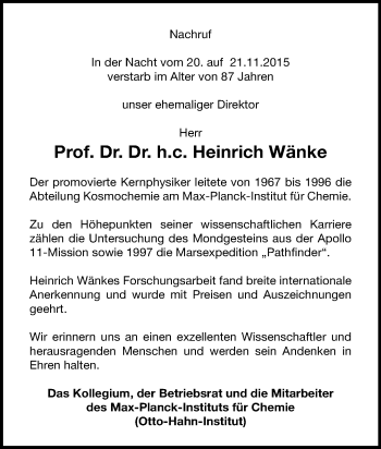 Traueranzeige von Heinrich Wänke von  Bürstädter Zeitung