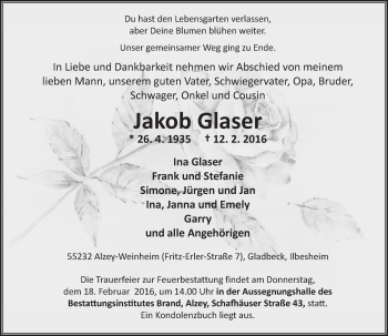 Traueranzeige von Jakob Glaser von  Allgemeine Zeitung Alzey