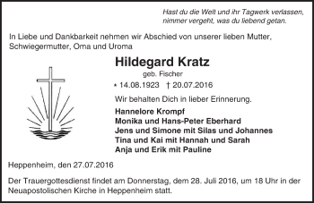 Traueranzeige von Hildegard Kratz von Trauerportal Echo Online