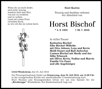 Traueranzeige von Horst Bischof von Trauerportal Rhein Main Presse