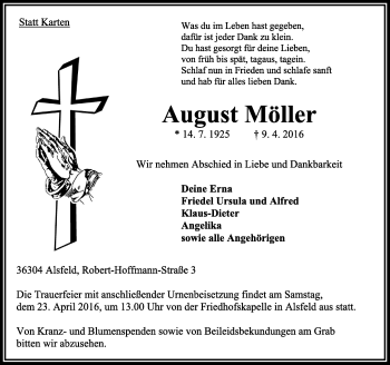 Traueranzeige von August Möller von VRM Trauer