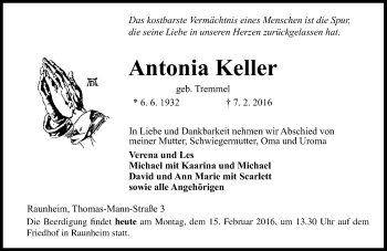 Traueranzeige von Antonia Keller von  Mainspitze