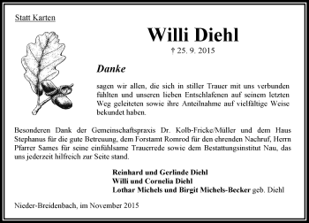 Traueranzeige von Willi Diehl von VRM Trauer