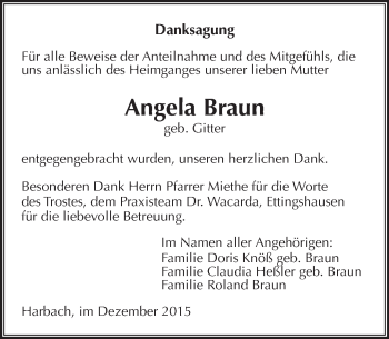Traueranzeige von Angela Braun von  Gießener Anzeiger
