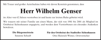 Traueranzeige von Wilhelm Genser von  Kreisanzeiger